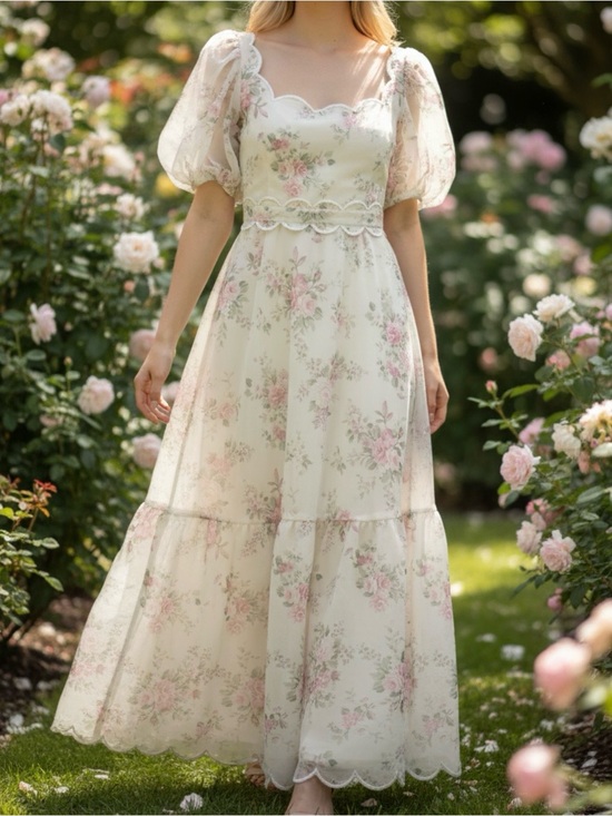 Sue Sartor Dresses & Skirts - Sue Sartor Vintage-Style Floral Dress with Puff Sleeves - Pink on White
